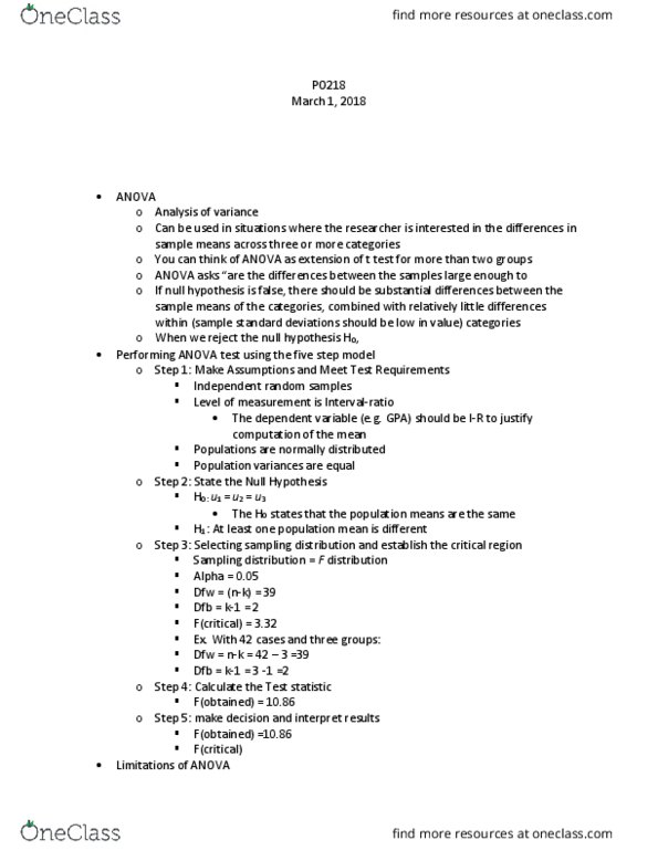 PO218 Lecture Notes - Lecture 11: Null Hypothesis, F-Distribution, Sampling Distribution thumbnail