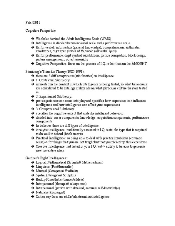 PSYC 1010 Lecture : Intelligence Cognitive Perspective/Sternbergs Triarchic Theory/Gardners 8 Intelligences/Emotional Intelligence/Test Construction/Cultural Bias/Structure of Intelligence (on the 3rd Test)/beginning of Nature vs. Nurture thumbnail