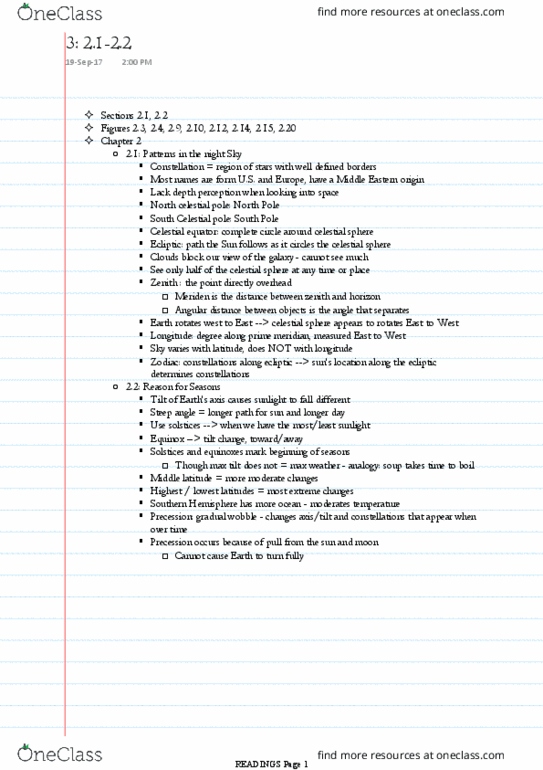 AST101H1 Chapter Notes - Chapter 2.1-2.2: Celestial Equator, Middle Latitudes, Ecliptic thumbnail