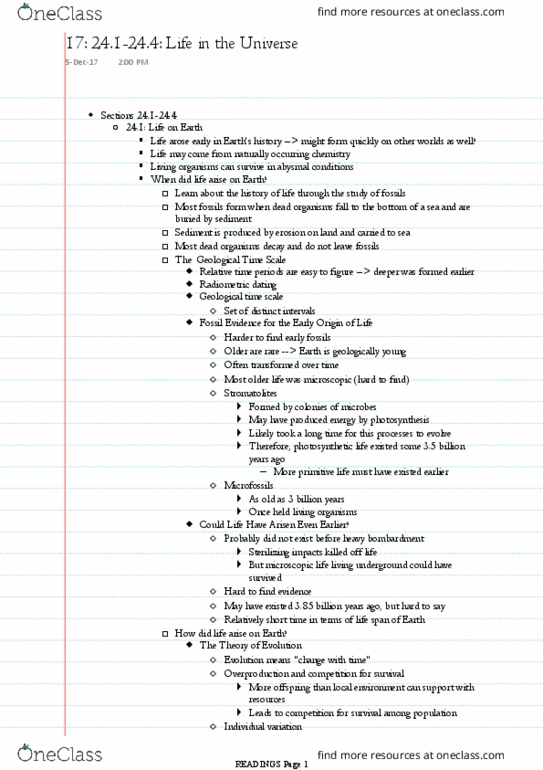 AST101H1 Chapter Notes - Chapter 24.1-24.4: Natural Selection, Horsepower, Galactic Habitable Zone thumbnail