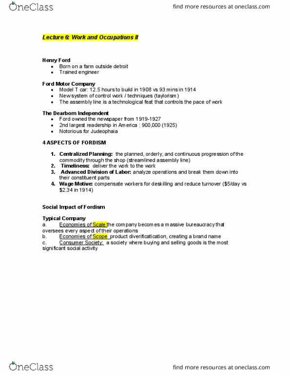 SY103 Lecture Notes - Lecture 6: Deskilling, The Dearborn Independent, Scientific Management thumbnail