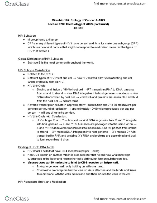 MICROBIO 160 Lecture Notes - Lecture 22: Syncytium, Antibody, Gp41 thumbnail