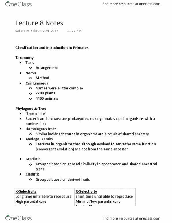 ANTH 101 Lecture Notes - Lecture 8: Carl Linnaeus, Cladistics, Eukaryote thumbnail