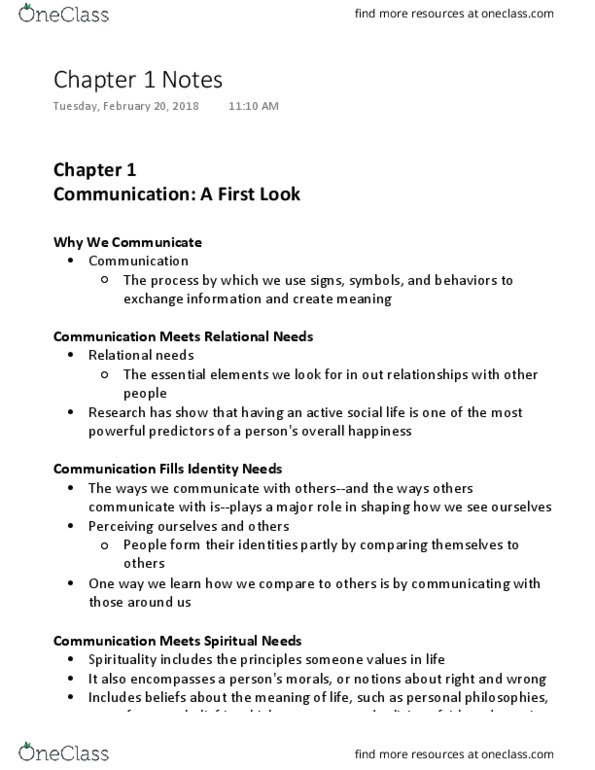 COMM 103 Chapter Notes - Chapter 1: Mass Communication, Interpersonal Communication thumbnail