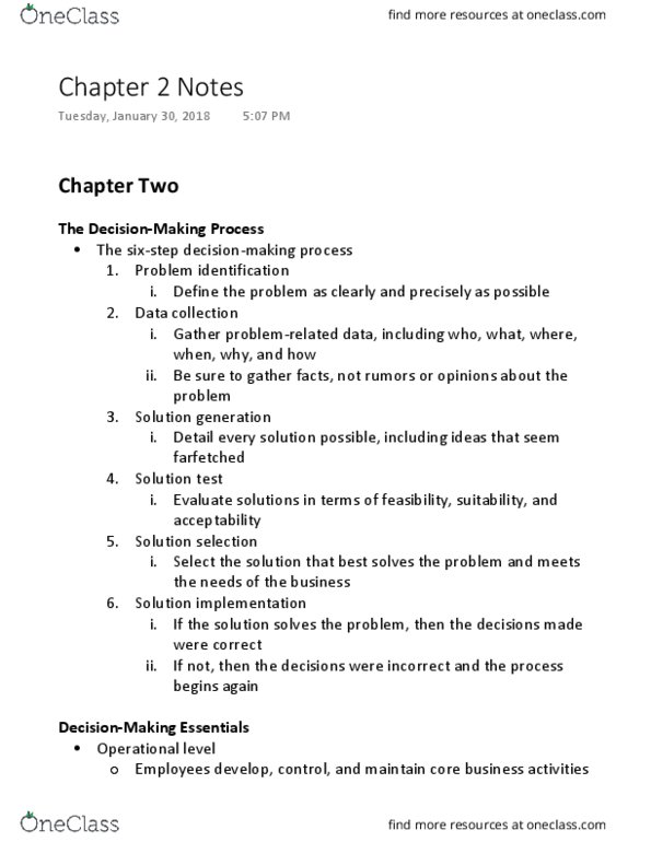 MIS 180 Chapter Notes - Chapter 2: Operations Support System, Fuzzy Logic, Project A thumbnail