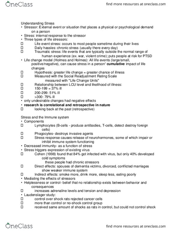 PSC 168 Lecture Notes - Lecture 9: Longitudinal Study, Acute Stress Reaction, Stressor thumbnail