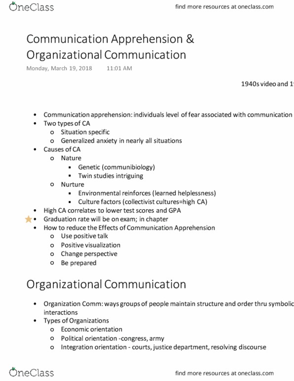 COM 1000 Lecture Notes - Lecture 8: Communication Apprehension, Organizational Communication, Learned Helplessness thumbnail