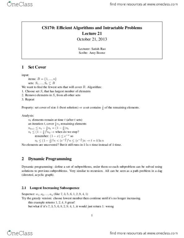 COMPSCI 170 Lecture Notes - Longest Path Problem, Set Cover Problem, Dynamic Programming thumbnail