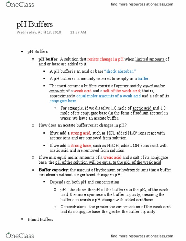 CHEM 1210 Lecture Notes - Lecture 8: Acidosis, Alkalosis, Sodium Acetate thumbnail