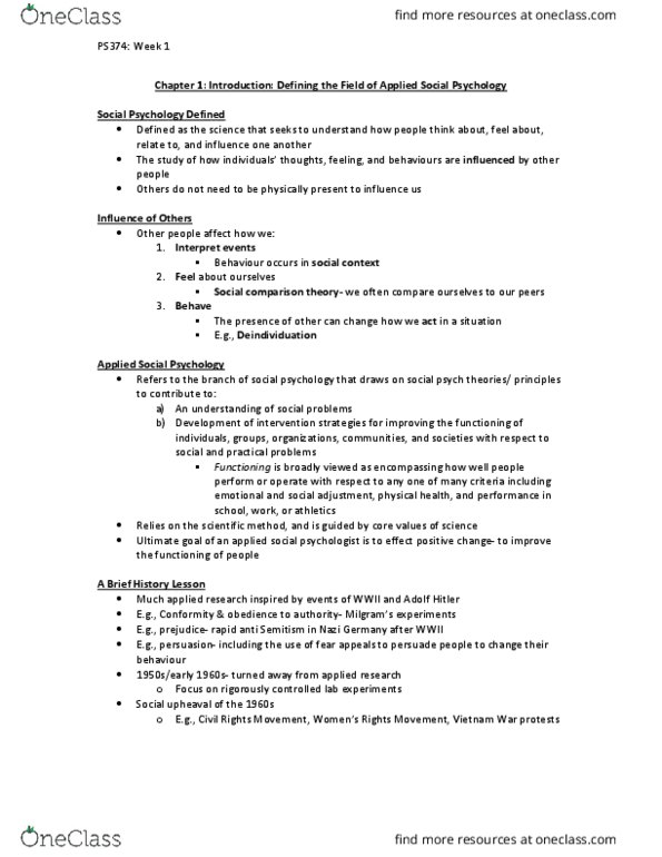 PS374 Lecture Notes - Lecture 1: Stanford Prison Experiment, Dependent And Independent Variables, Fundamental Attribution Error thumbnail