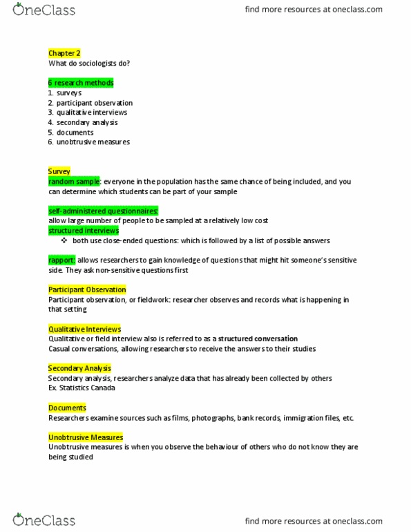 SY101 Chapter Notes - Chapter 2: Research, Participant Observation thumbnail