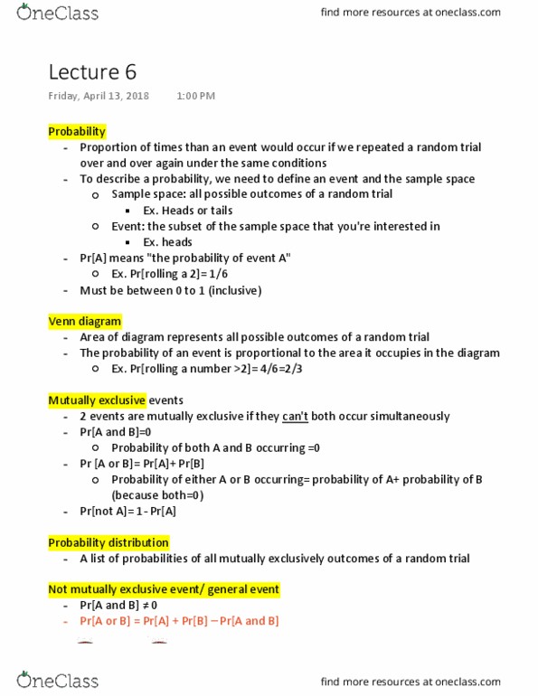 EEMB 146 Lecture Notes - Lecture 6: Mutual Exclusivity, Venn Diagram, Sample Space thumbnail