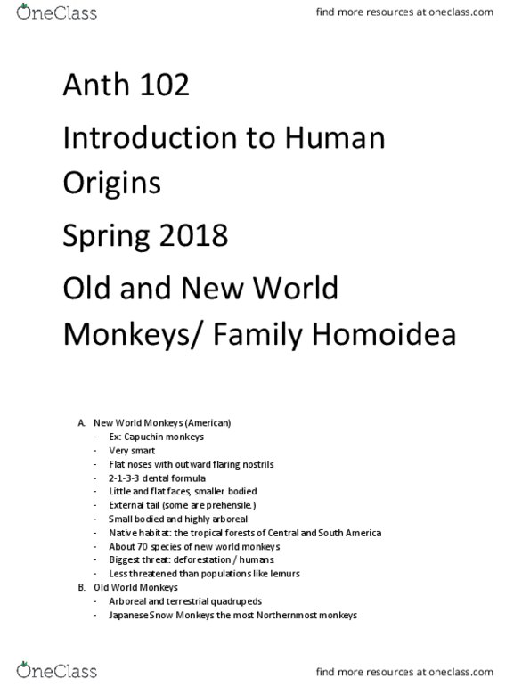 ANTH 102 Lecture Notes - Lecture 15: Orangutan, Ape, Gibbon thumbnail