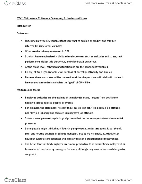 ITEC 1010 Lecture Notes - Lecture 32: Job Attitude thumbnail
