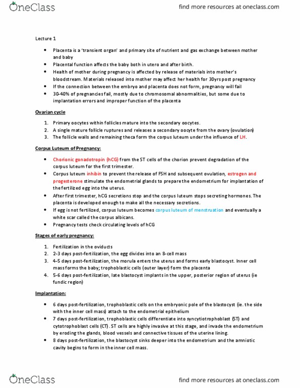 PSL470H1 Lecture Notes - Lecture 1: Syncytium, Natural Killer Cell, Fetus thumbnail