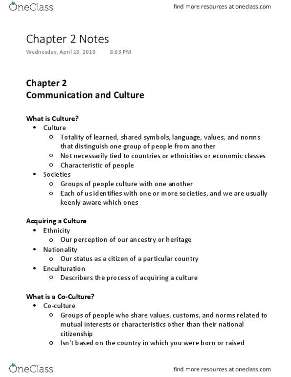 COMM 103 Chapter Notes - Chapter 2: Ethnocentrism, Jargon, Enculturation thumbnail
