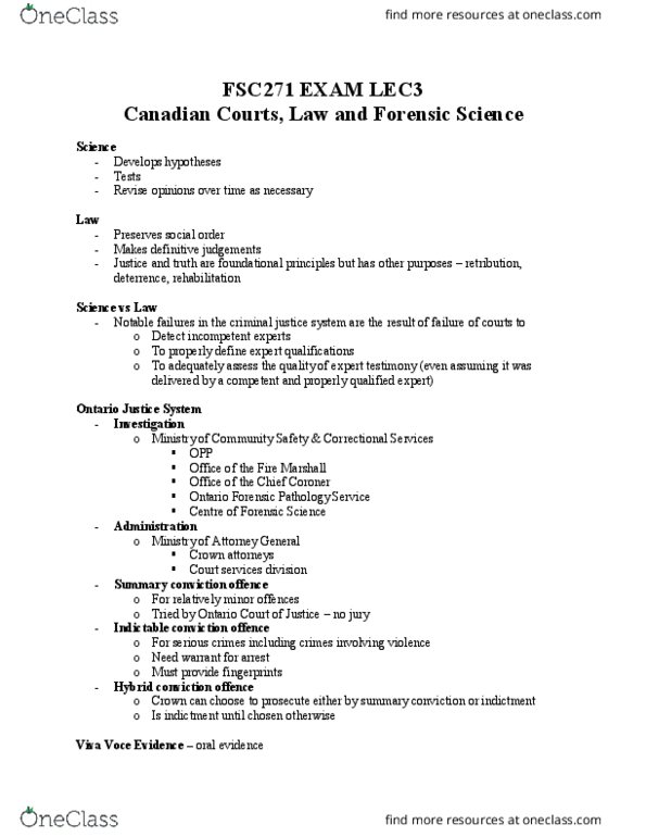 FSC271H5 Lecture Notes - Lecture 3: Law Society, Frye Standard, Exclusionary Rule thumbnail
