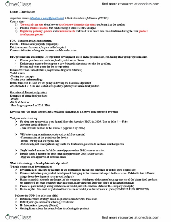 BIO375H5 Lecture Notes - Lecture 1: Spinal Muscular Atrophy, New Product Development, Financial Plan thumbnail