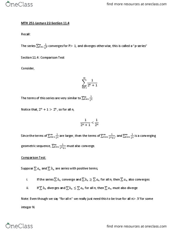 MTH 251 Lecture Notes - Lecture 22: Geometric Progression, Direct Comparison Test, Ibm System P thumbnail