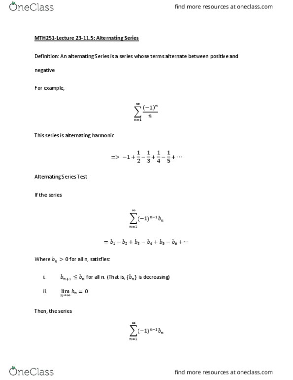 MTH 251 Lecture Notes - Lecture 23: Monotonic Function, Sequence, Alternating Series Test thumbnail