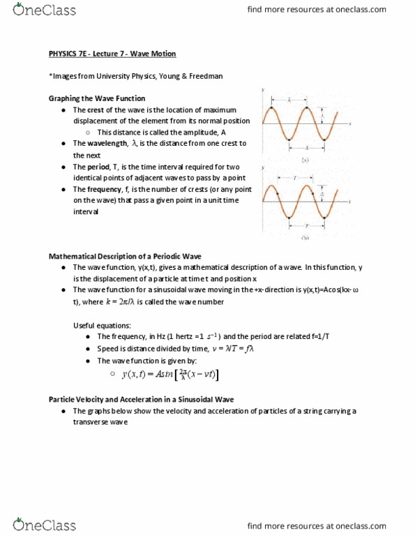 PHYSICS 7E Lecture Notes - Lecture 8: Visible Spectrum, Transverse Wave, Wave Equation thumbnail