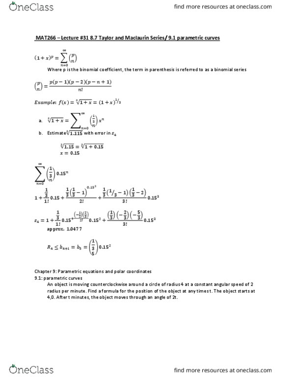 MAT 266 Lecture Notes - Lecture 32: Ellipse, Parametric Equation, Binomial Coefficient thumbnail