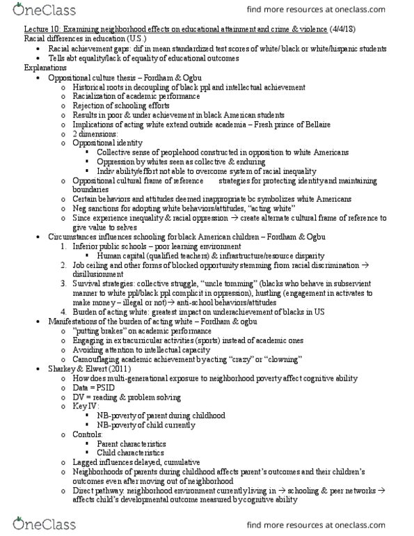 SOCI 366 Lecture Notes - Lecture 10: Homicide, Broken Windows Theory, Acting White thumbnail