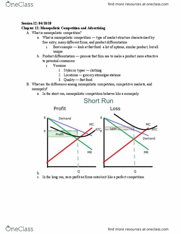 ECON 2106 Lecture Notes - Lecture 12: Marginal Cost, Monopolistic Competition, Product Differentiation thumbnail