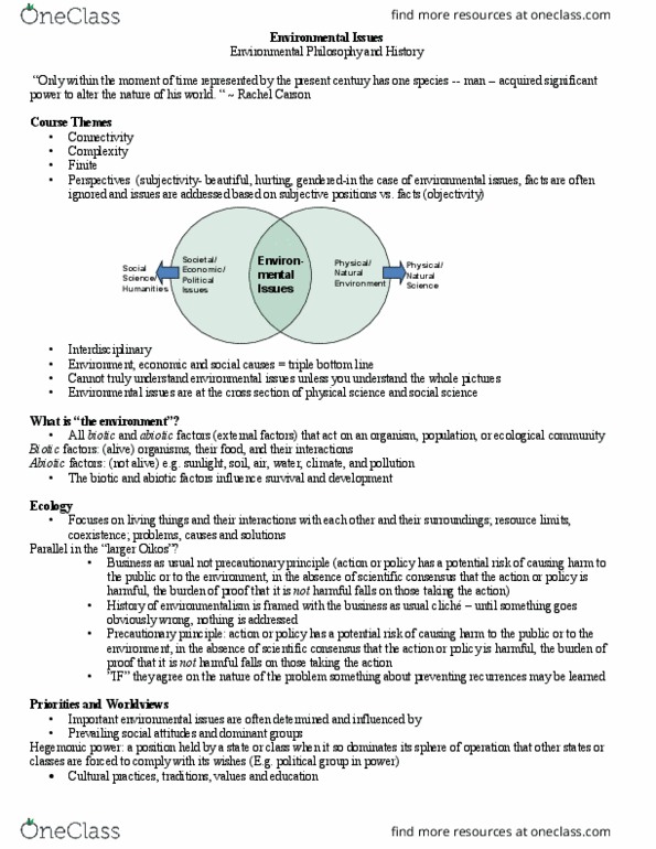 Environmental Science 1021F/G Lecture Notes - Lecture 1: Ecocentrism, Love Canal, Ozone Depletion thumbnail