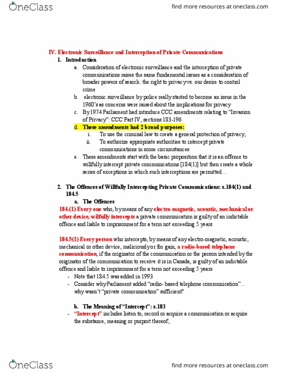 CRIM 330 Lecture Notes - Lecture 11: Affidavit, Spectrum Management, Indictable Offence thumbnail
