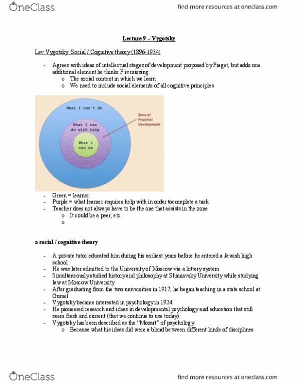PSYCH 2GG3 Lecture Notes - Lecture 8: Social Cognitive Theory, Moscow State University, Lev Vygotsky thumbnail