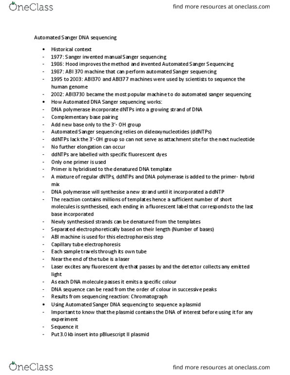 BIOL207 Lecture Notes - Lecture 29: Sanger Sequencing, Dideoxynucleotide, Plasmid thumbnail