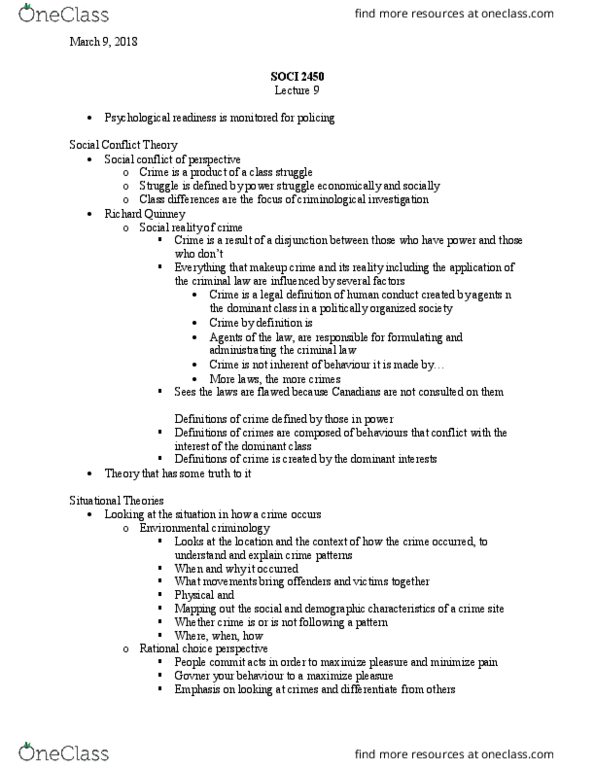 SOCI 2450 Lecture Notes - Lecture 9: Environmental Criminology, Class Conflict, Social Conflict thumbnail