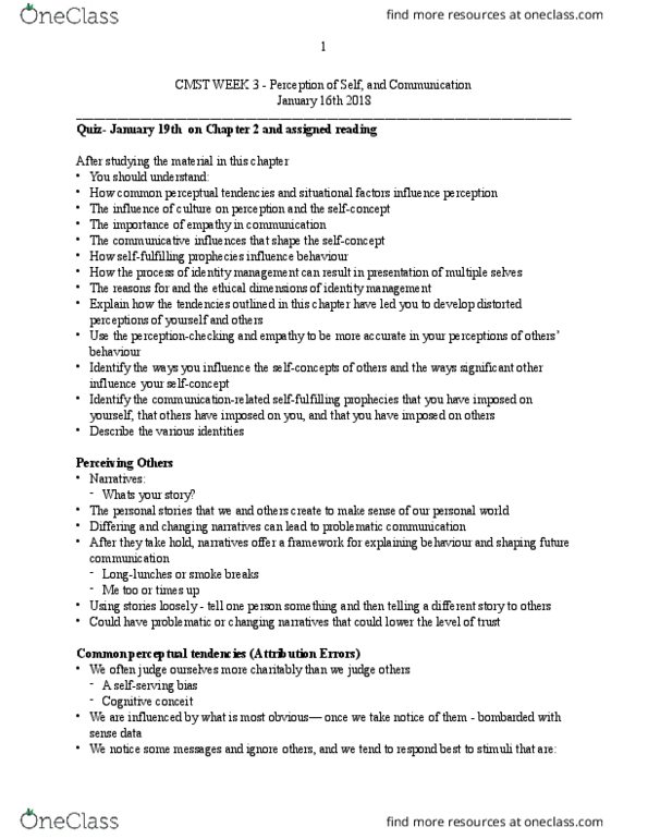 CMST 2H03 Lecture Notes - Lecture 3: Impression Management, Harry Stack Sullivan, Identity Management thumbnail