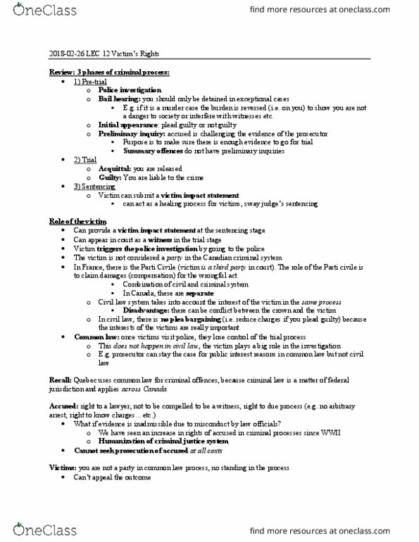 POLI 378 Lecture Notes - Lecture 12: Victim Impact Statement, Summary Offence thumbnail