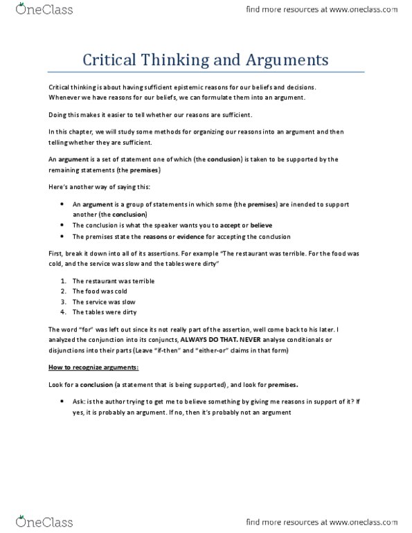 SSH 105 Chapter Notes - Chapter 3: Critical Thinking thumbnail