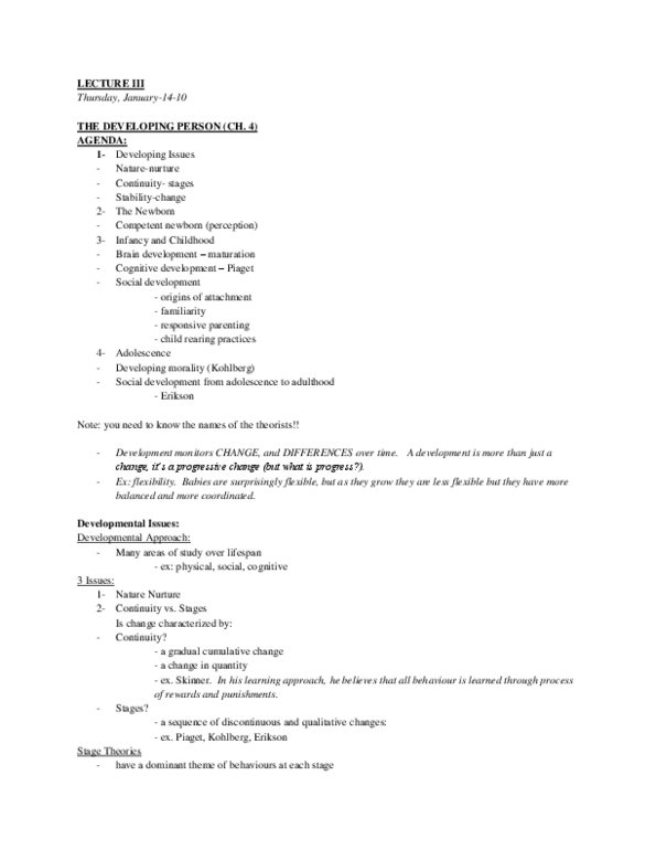 PSY 1102 Lecture : Lecture Notes for the Developing Person Lectures from Klempan's course from Winter 2010. Comments not part of class notes (extra information said in class) are in italics. thumbnail