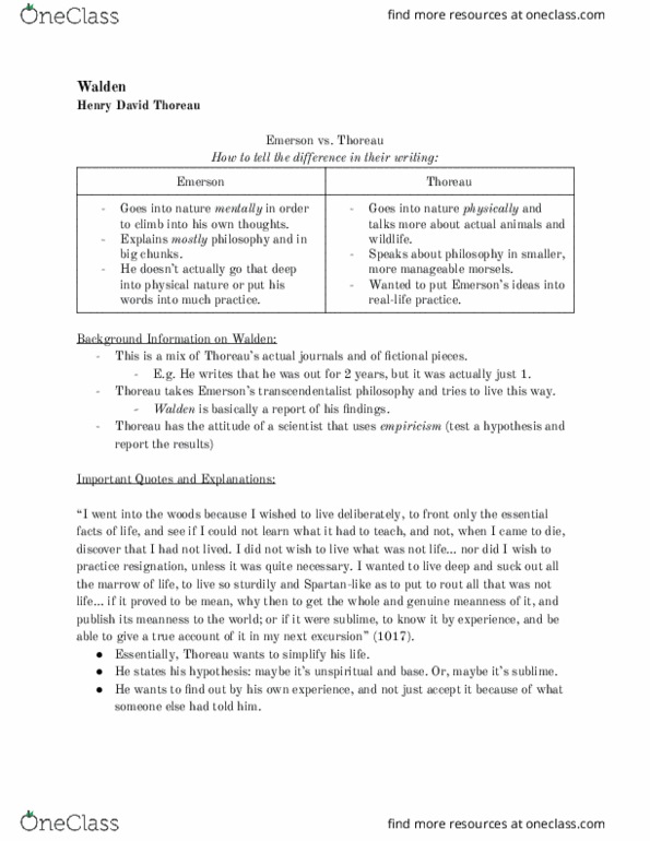 EN 209 Lecture Notes - Lecture 20: Henry David Thoreau, Transcendentalism thumbnail