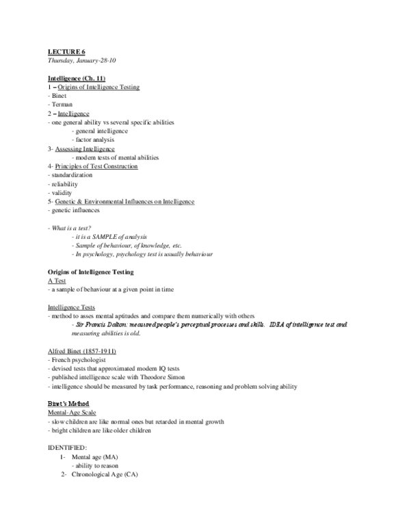 PSY 1102 Lecture : Lecture notes for Intelligence Lectures from Klempan's course from Winter 2010. Comments not part of class notes (extra information said in class) are in italics. thumbnail