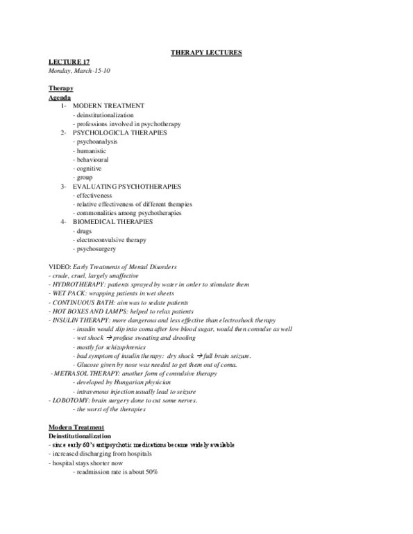 PSY 1102 Lecture : Lecture notes for therapy Lectures from Klempan's course from Winter 2010. Comments not part of class notes (extra information said in class) are in italics. thumbnail