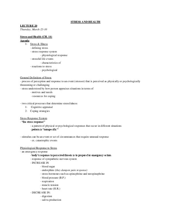 PSY 1102 Lecture : Lecture notes for stress and health Lectures from Klempan's course from Winter 2010. Comments not part of class notes (extra information said in class) are in italics. thumbnail