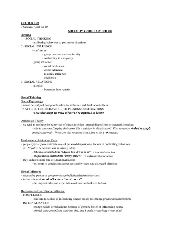 PSY 1102 Lecture : Lecture notes for social psychology Lectures from Klempan's course from Winter 2010. Comments not part of class notes (extra information said in class) are in italics. thumbnail