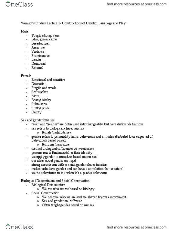 Women's Studies 1020E Lecture Notes - Lecture 2: Gloria Steinem, Determinism thumbnail