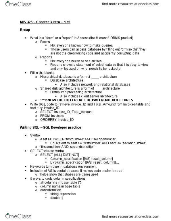 MIS 325 Lecture Notes - Lecture 14: Distributed Computing, Database thumbnail