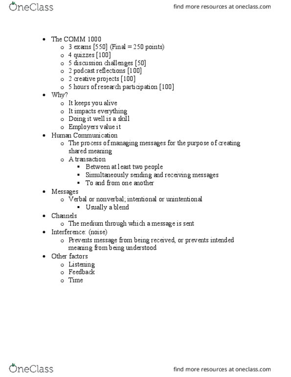 COMM 1000 Lecture Notes - Lecture 1: Intrapersonal Communication, Organizational Communication, Interpersonal Communication thumbnail