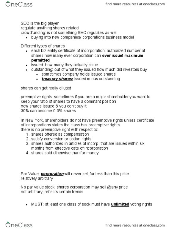 LAW 3102 Lecture Notes - Lecture 25: Preferred Stock, Dual Mandate, Issued Shares thumbnail