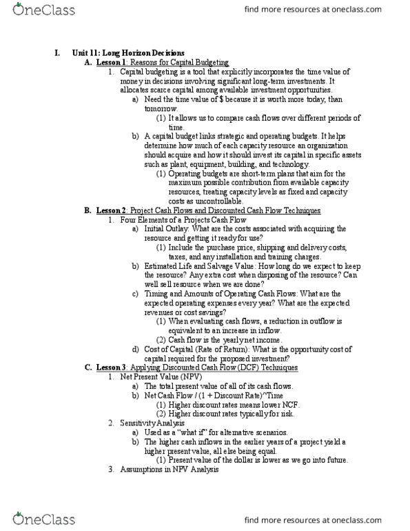ACC 310F Lecture Notes - Lecture 11: Tax Shield, Cash Flow, Capital Budgeting thumbnail