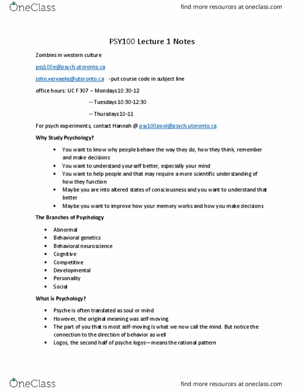 PSY100H1 Lecture Notes - Lecture 1: Psychoanalysis, Reality Principle, Empiricism thumbnail