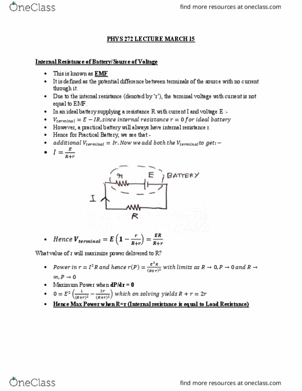 PHYS 272 Lecture Notes - Lecture 22: Internal Resistance thumbnail