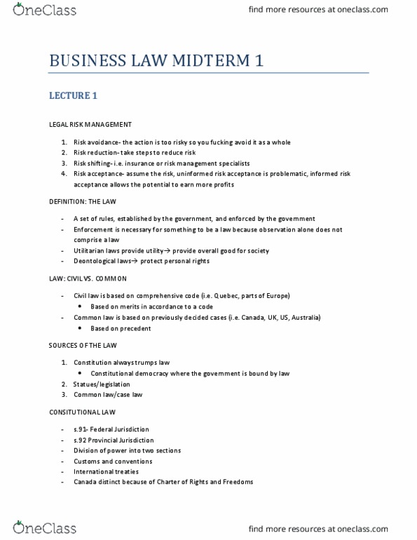 Management and Organizational Studies 2275A/B Lecture 1: BUSINESS LAW MIDTERM 1 thumbnail